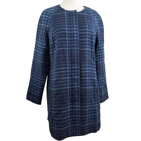 Liz Claiborne Wool Blend Plaid Herringbone Buttoned Long Coat Jacket Blue Size M - Picture 1 of 6